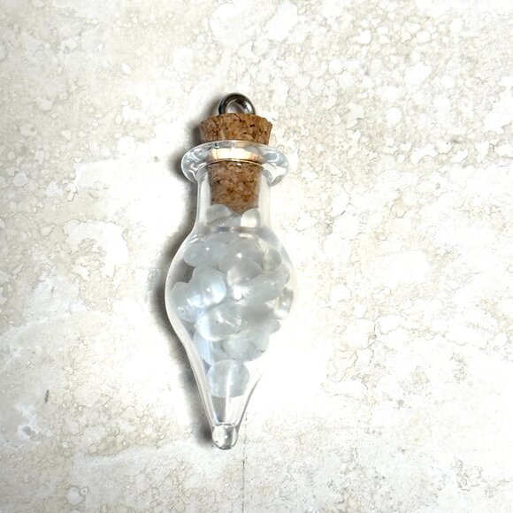 2/$20, Small Glass Bottle Pendant w/ Tiny Genuine Rainbow Moonstone Cabochons - Picture 1 of 6